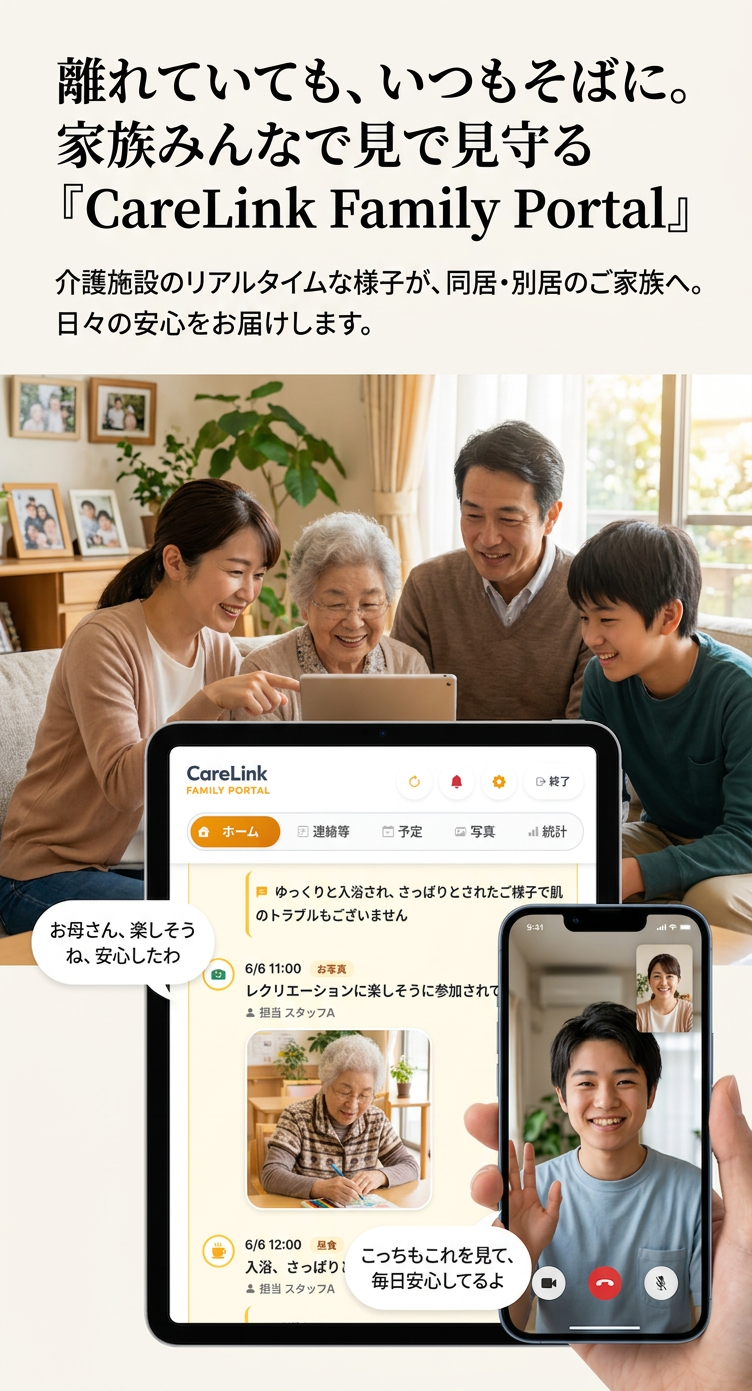 ご家族が安心して施設の様子を確認しているイメージ
