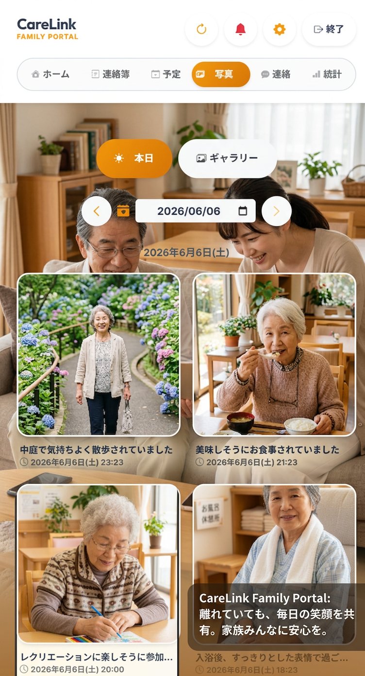 CareLink 家族ポータル — 写真・連絡簿画面