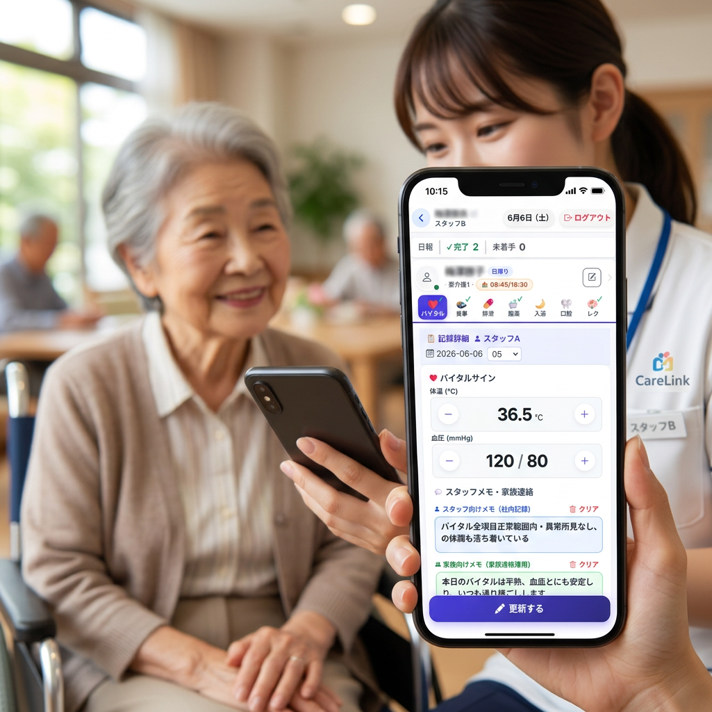 施設スタッフが利用者と向き合いながら記録を作成しているイメージ