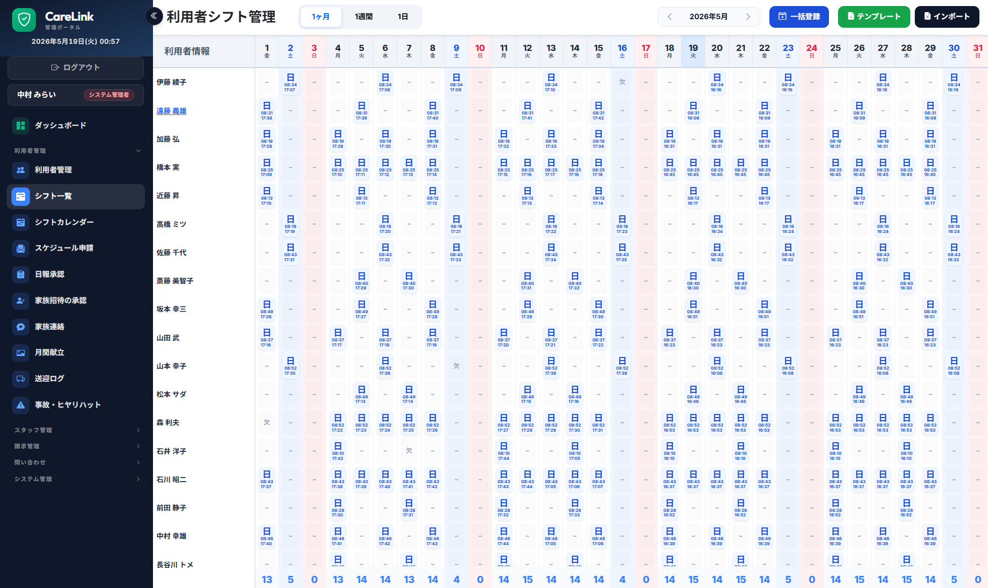 管理者ポータル 利用者シフト管理 — 全利用者の月間予定