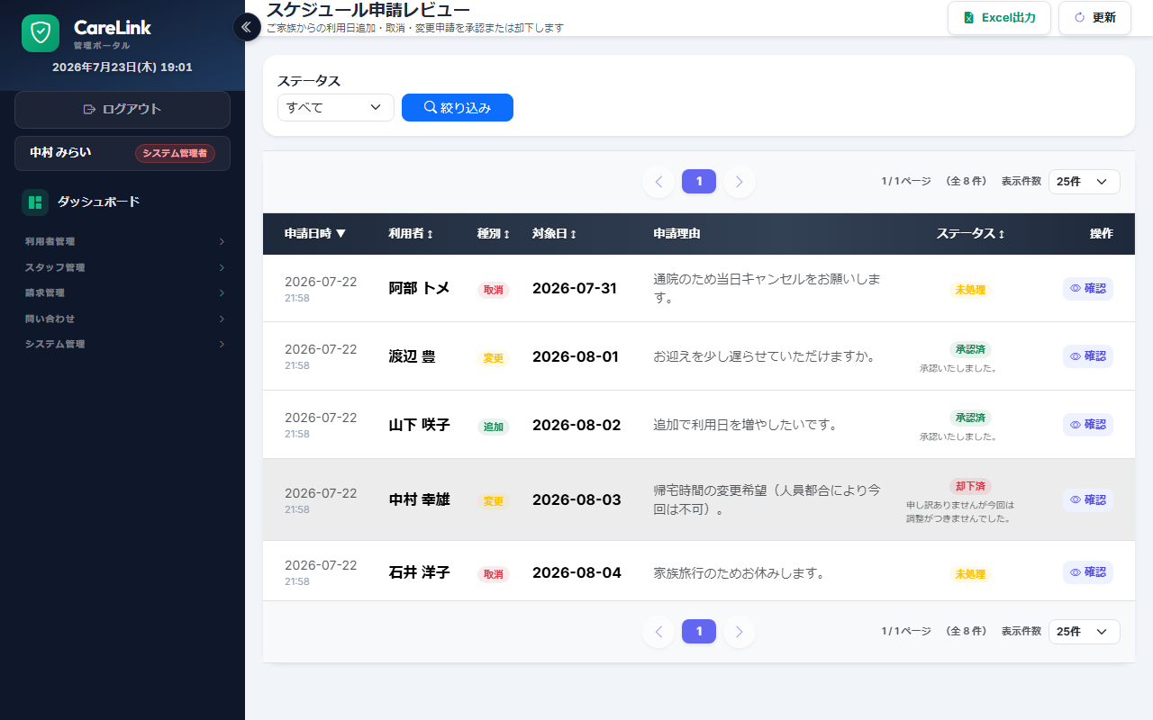 家族からの予定変更申請