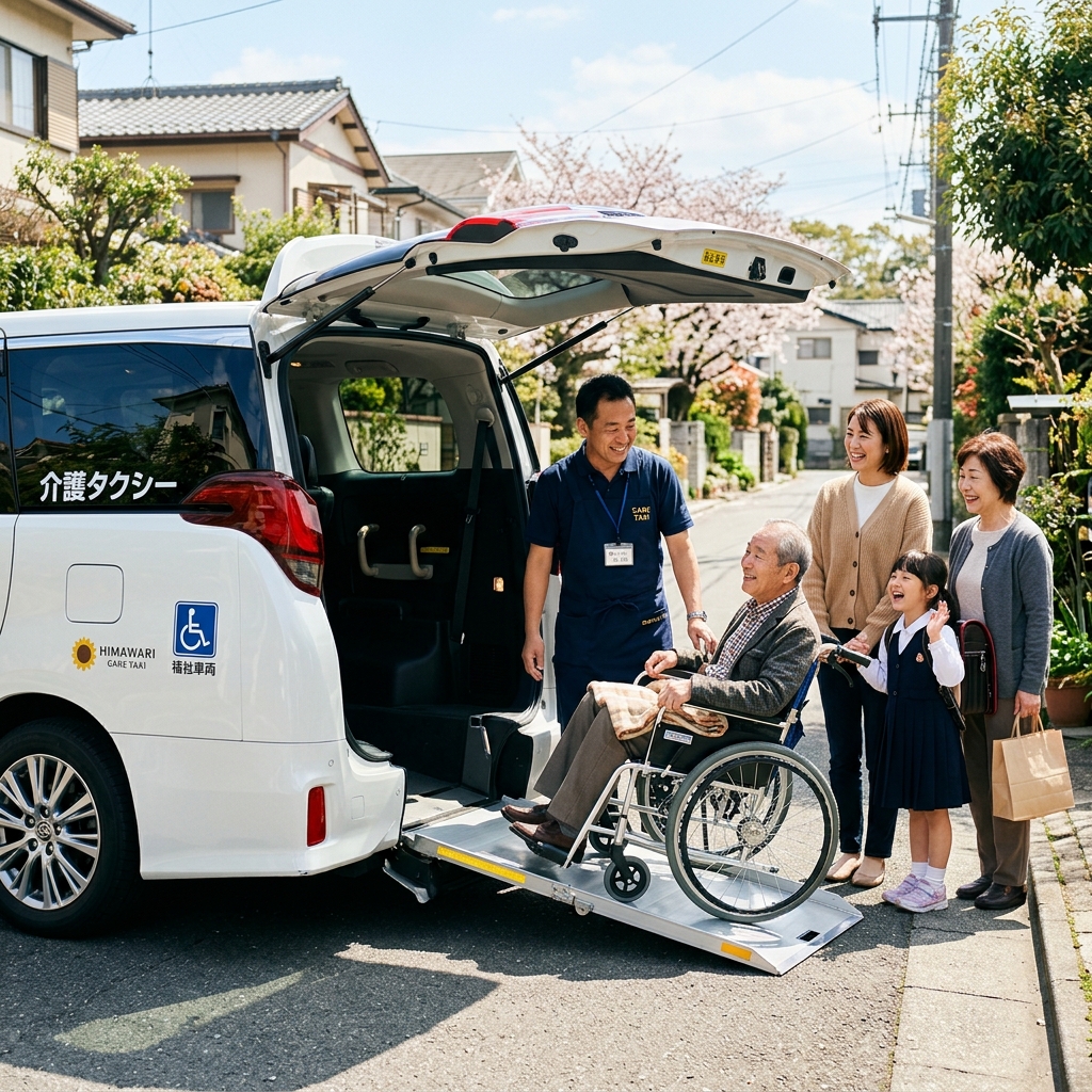 介護タクシーと乗降をサポートする笑顔のドライバー、それを見守る家族