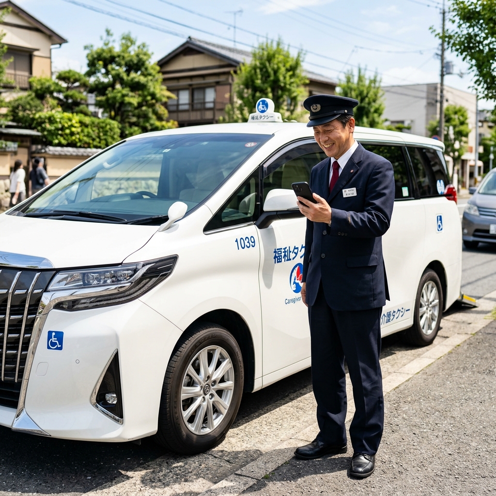 介護タクシーの横でスマホを確認するドライバー