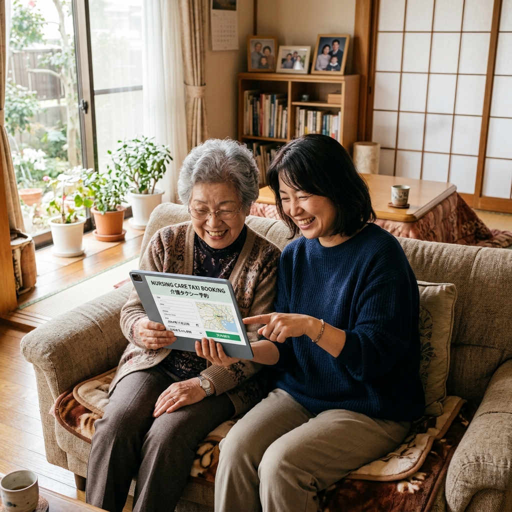 自宅でタブレットを使って予約する親子